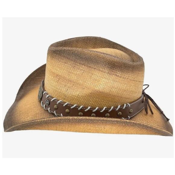 Paper Straw Brown Cowboy Hat with Star Leather Laced Band NEW - Picture 3 of 10